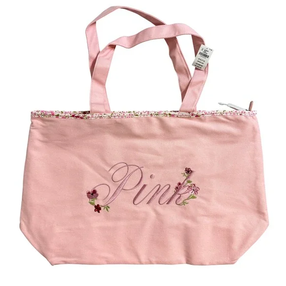 NWT Victoria's Secret PINK Canvas Tote Bag Floral Embroidered Pink Zippered