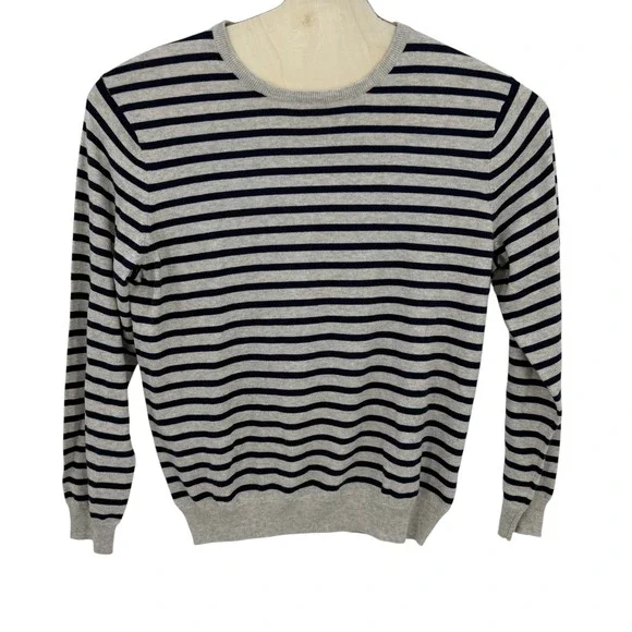 J.Crew Mens Cotton Cashmere Stripe Crewneck Sweater XL Gray Blue Preppy Classic