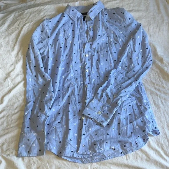 J. Crew Blue Shirt with Black and White Dots