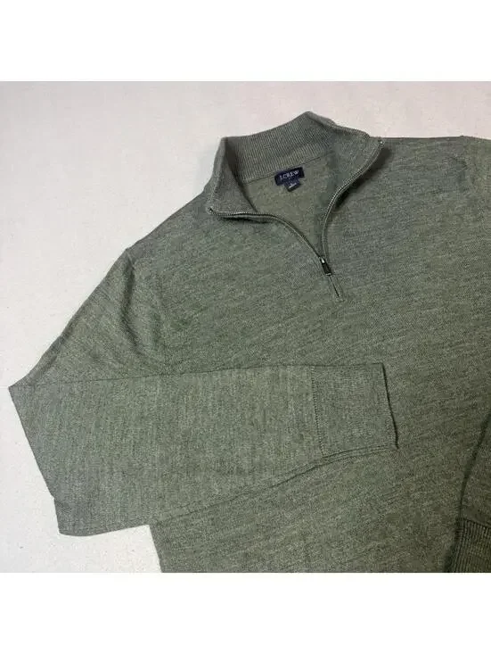 J.Crew Mens Large Green Merino Wool Blend 1/4 Zip Sweater Pullover‎ Casual