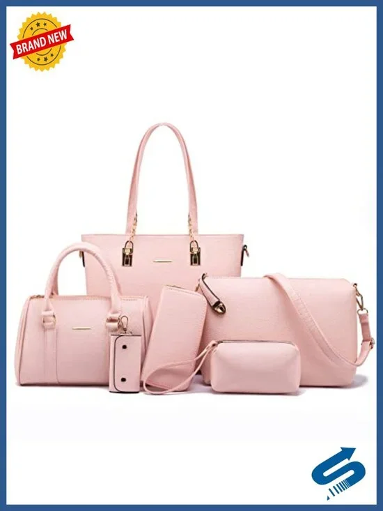 6 Piece Faux Leather Purse Set Tote Satchel Shoulder Bag w Clutch