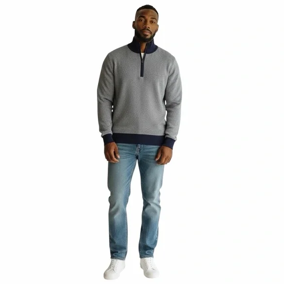 NWT J.Crew Men’s Cotton Herringbone Quarter Zip‎ Sweater Navy Gray Size M
