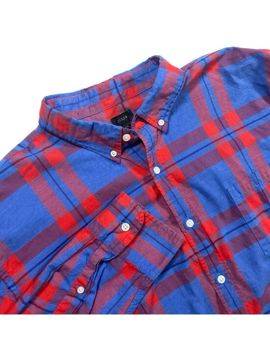 J.Crew Men's Blue and Red Plaid Long Sleeve Button-Down Shirt, Size XXL