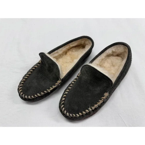 Minnetonka Kids Suede Sheepskin Lined Moccasin Slippers Shoes Size 5 Gray‎