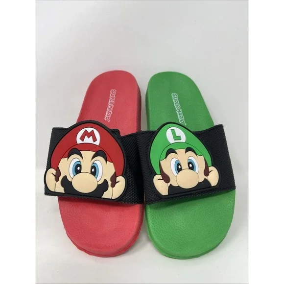 Childrens 12/13 Super Mario Brothers Slides Shoes Mario red Luigi‎ Green EUC