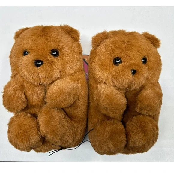Snugimals Kids Teddy‎ Bear Plush Slippers Brown Faux Fur Medium 7-8 SNL-105-CM