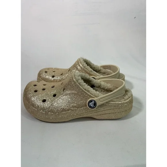 Kids Crocs Glitter Lined Faux Fur‎ Clogs Sparkle Cozy Gold/Cream Size J3