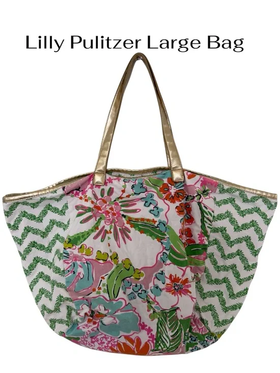 Lilly Pulitzer large Multicolor Floral & Green Chevron Tote Bag Gold Handles