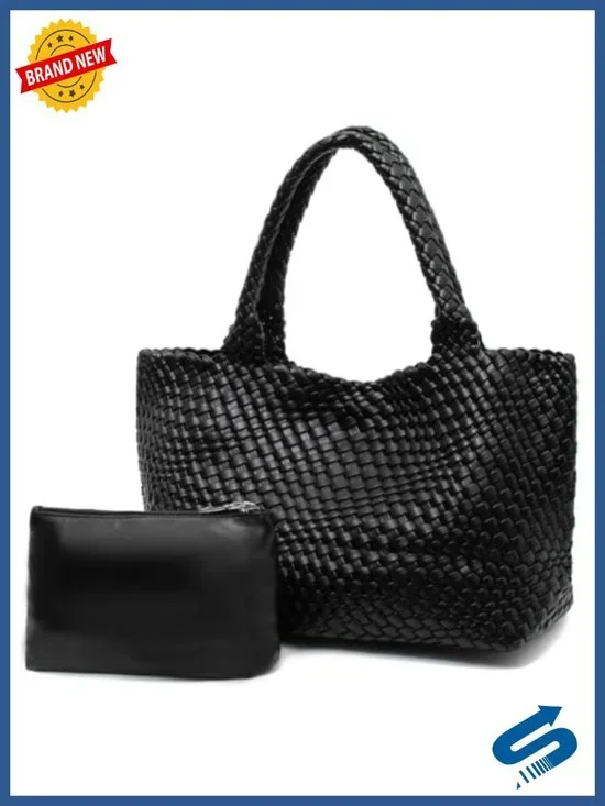 Handwoven Vegan Leather Tote Bag with Pouch Women Shoulder Purse