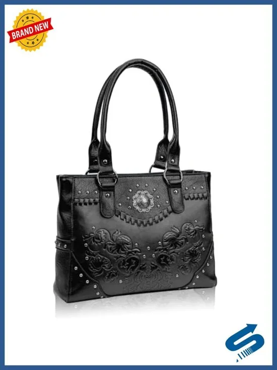 Vintage Embossed Concho Studs Tote Bag Faux Leather Top Handle Shoulder Handbag