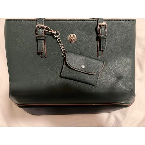 Anne Klein‎ Forest Green Saffiano Leather Tote Bag with Detachable Pouch Mens
