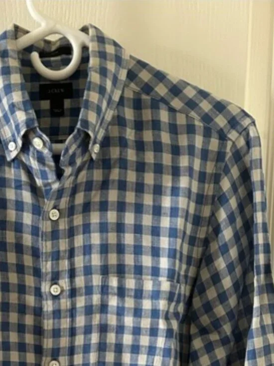 J.Crew Blue White Gingham 100% Linen Long Sleeve Button Down Shirt Size S
