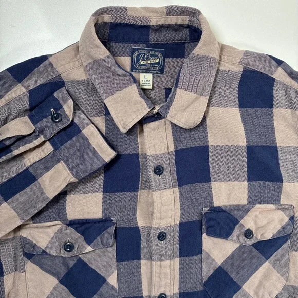 J. Crew Flannel Shirt Large Slim Navy Tan Buffalo Check Herringbone Button Up