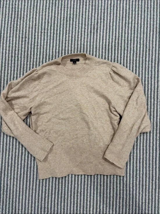 J. Crew Tan Crewneck Sweater with Subtle Puff Shoulders