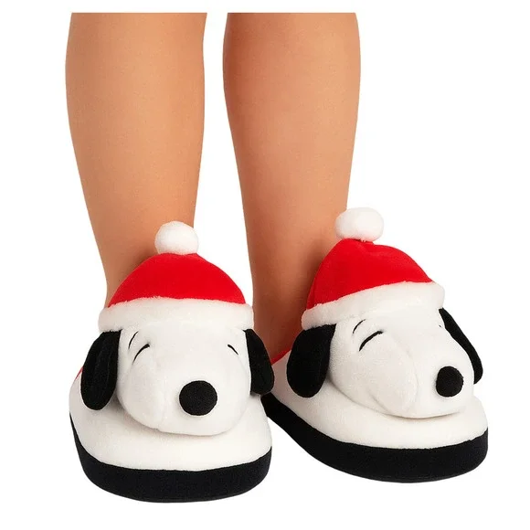 Peanuts Snoopy 3D Christmas Scuff Slippers Toddler 7/8 Plush Santa Slip-Ons New
