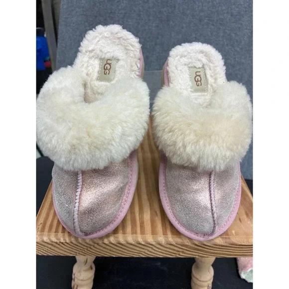 UGG Coquette Metallic Rose Pink Sheepskin Slippers Slides Girls Size 13