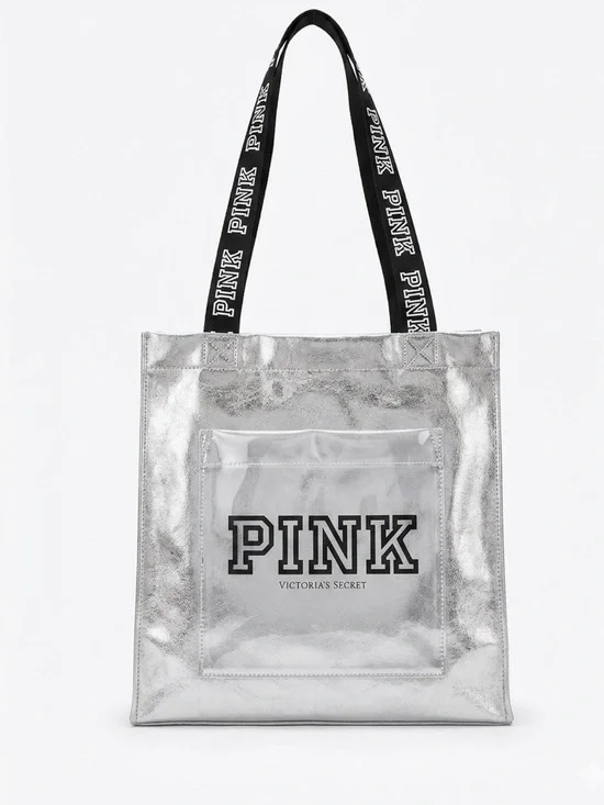 PINK Victoria's Secret Metallic Silver Tote with Black Branded Straps
