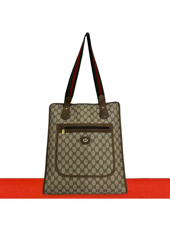 Gucci Vintage Sherry Line GG Logo Pattern Leather Tote Brown Red Green