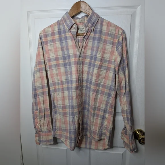 J. Crew Mens Shirt Plaid Secret Wash Slim Organic Cotton Size Small Pink Purple