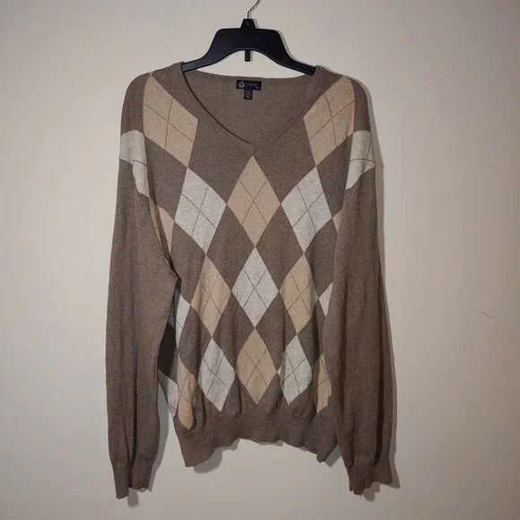 J.Crew Cotton/Cashmere Argyle Long Sleeves V-Neck Pullover Sweater Sz XL Brown