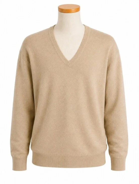 J. Crew Mens Cashmere V-Neck Sweater Sz S Tan Beige Solid Long Sleeve Pullover