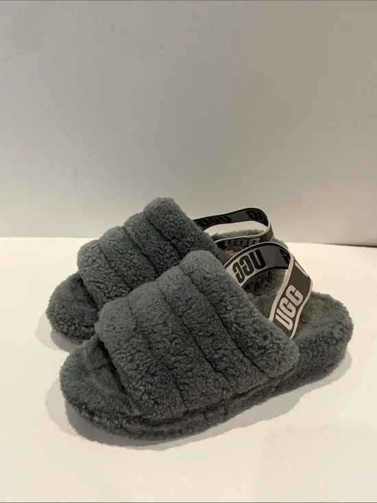 UGG Charcoal Fluff Yeah Cozy Slippers Slides with Branded Slingback sz 3 5 women