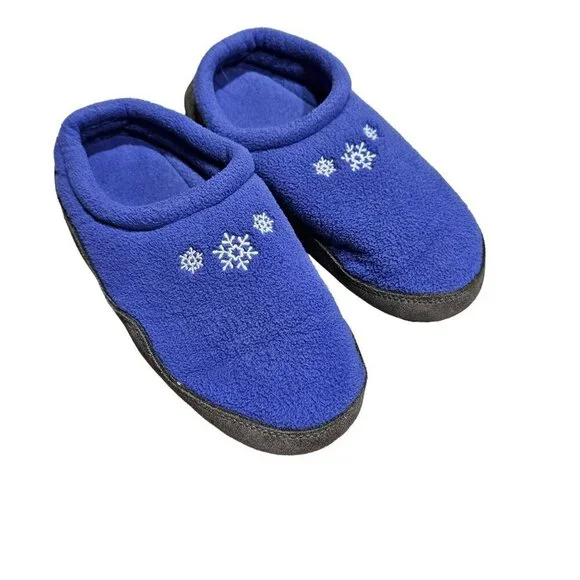 L.L. Bean Girls 1-2 Blue‎ Fleece Slippers With Snowflake Design & Leather Sole