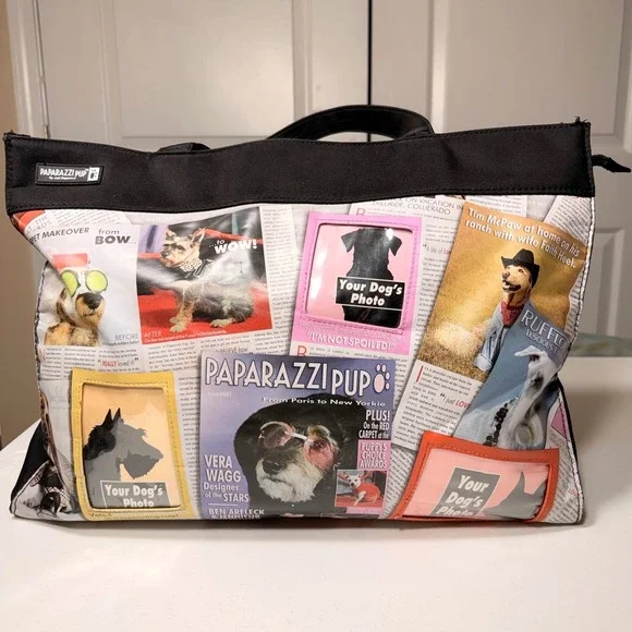 Paparazzi Pup Just Depaws Dog Magazine Print Tote Bag Y2K Novelty Black Large