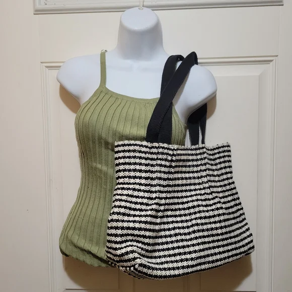 Handmade In Nepal B&W Woven Tote Bag with attached Cosmetic Pouch