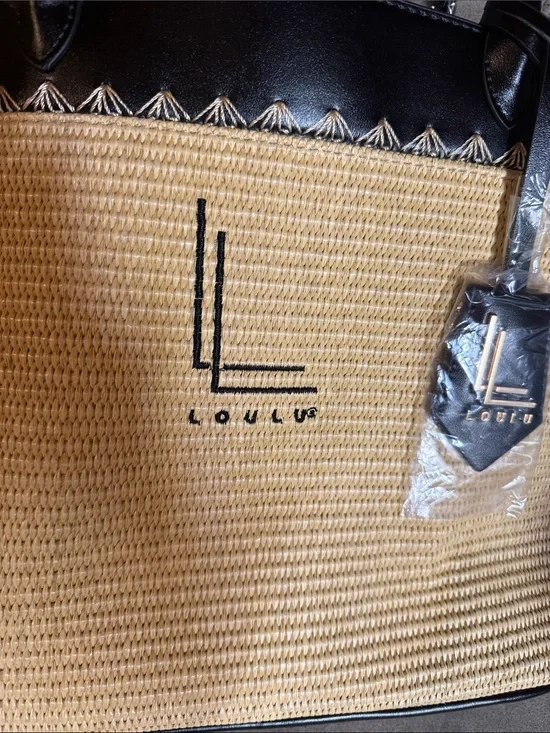 Loulu Natural Straw Tote with Black Trim and Logo