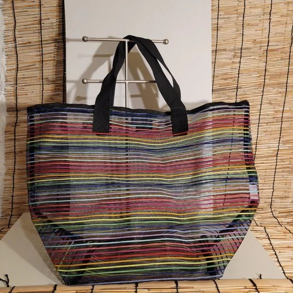 Black w/multicolor rainbow stripes Sheer Polyester Waterproof Tote