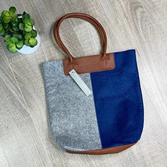 NWT SONDRA ROBERTS SQUARED Blue Gray Wool Tote