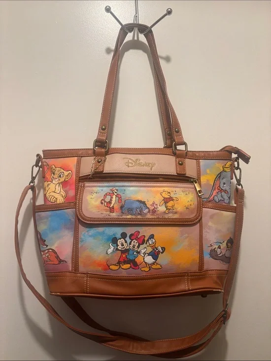 Disney Brown Multi-Character Canvas and Faux Leather Tote