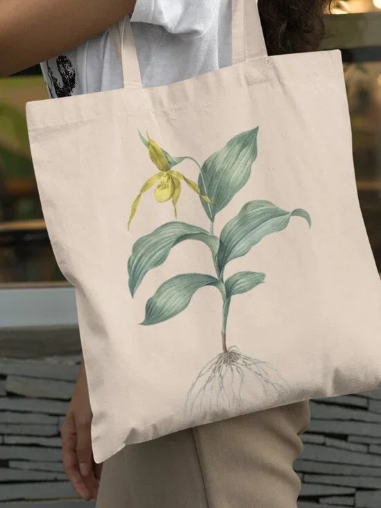 Yellow Lady's Slipper Orchid Vintage Floral Print Graphic Canvas Tote Bag
