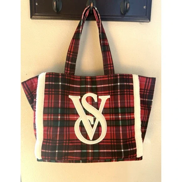Victoria's Secret VS Faux Fur‎ Sherpa Plaid Flannel Large Tote Bag Purse Red