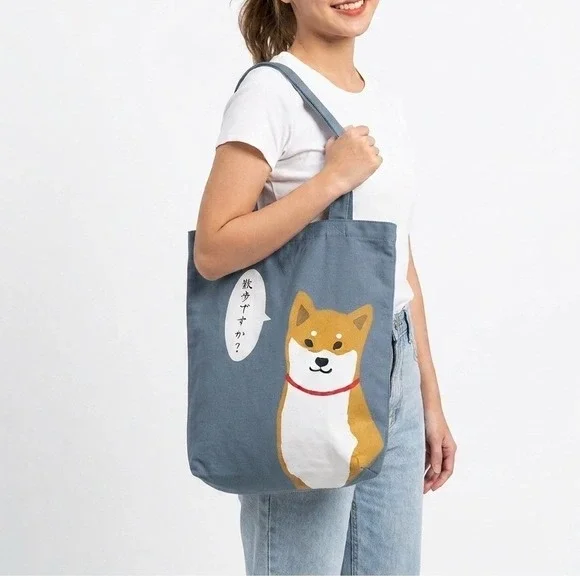 Shiba Inu Canvas Tote Bag Shibata san Blue Japanese Shall We Take a Walk Kawaii