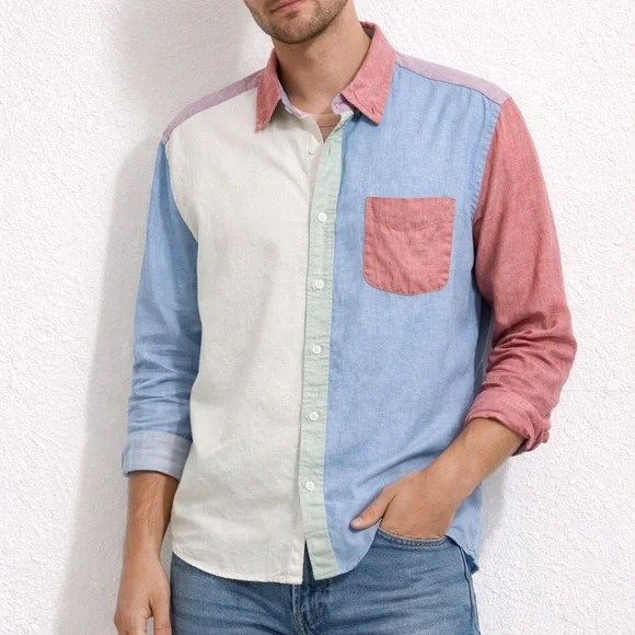 J. Crew Men’s Colorblock 100% Irish linen Button-Down‎ Shirt  L