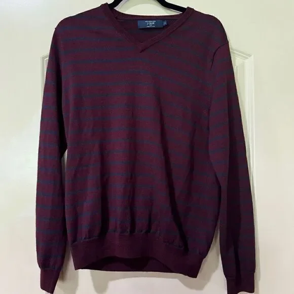J. CREW V-Neck 100% Merino Wool Sweater Maroon Blue Striped Mens Size Medium