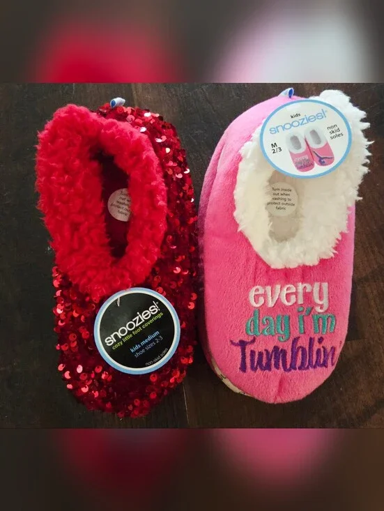 Snoozies! Kids' Pink Tumblin' & Red Sequin Cozy Slippers - Set Of 2