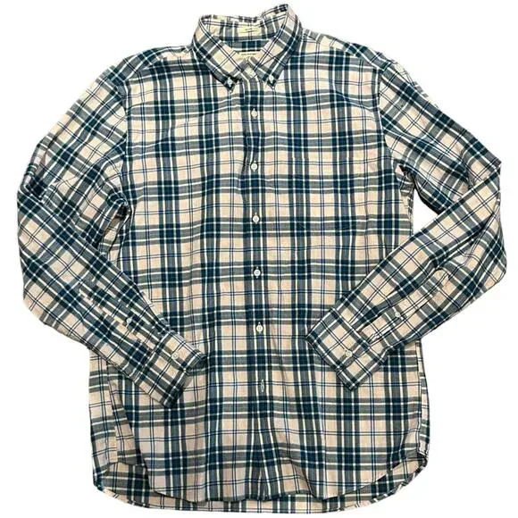 J Crew Mens Large Slim Long Sleeve Shirt in Pink and Blue Plaid Cotton Elastin
