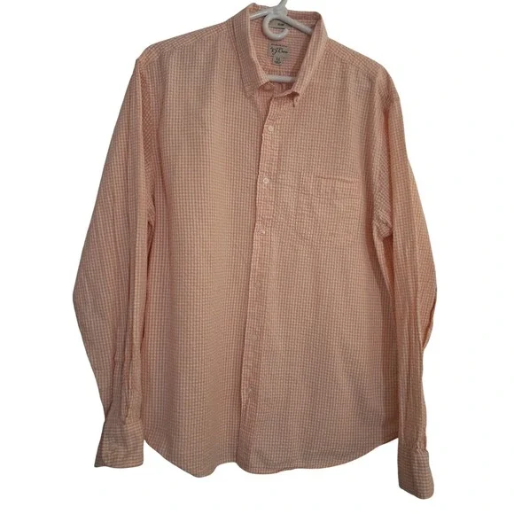 J. Crew Mens XL Slim Fit Organic Cotton Seersucker Gingham Shirt Orange White