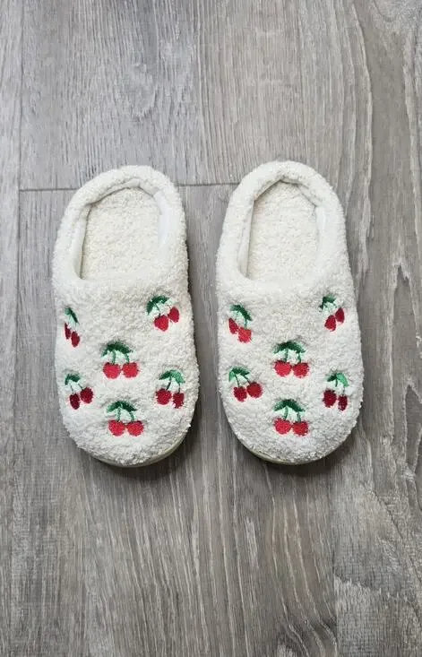 Girls Fuzzy Cherry Slippers Size 13/1 Cream Cozy Plush House Shoes
