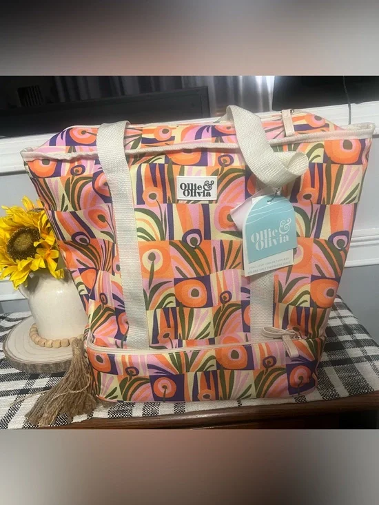 Pink & Orange Abstract Patterned Insulated Tote Bag NWT
