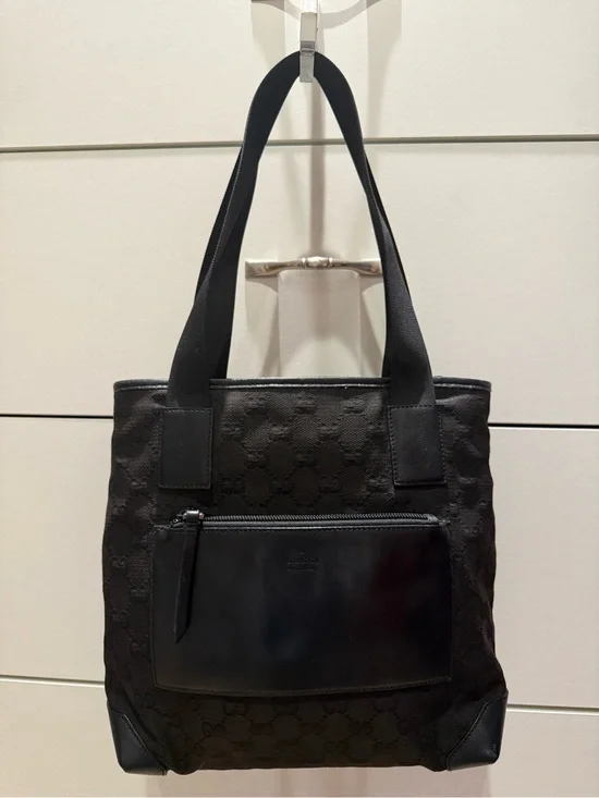 Gucci Black Monogrammed Tote with Front Zip Pocket