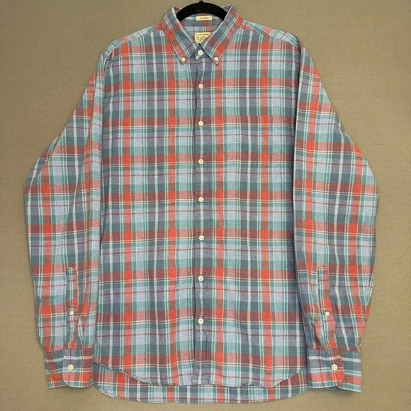 J.Crew Mens LT Classic Fit Plaid ButtonDown Shirt Blue Red 100% Cotton Long