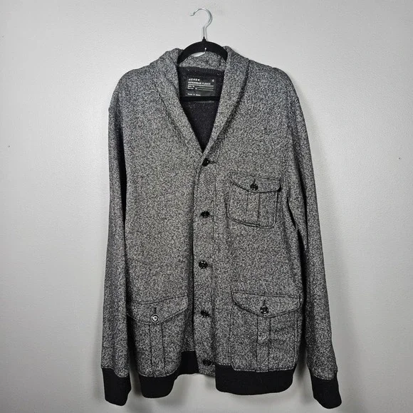 J.Crew Mens XL Shawl Collar Cardigan Sweater Fleece‎ Gray Black Button Pockets