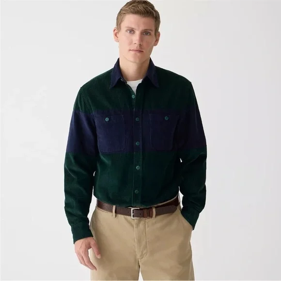 J.Crew Men's Midweight Corduroy Workshirt Green Blue Colorblock Size SMALL