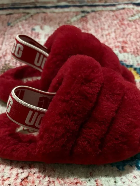UGG Red Plush Fur Slide Sandals with Branded Strap