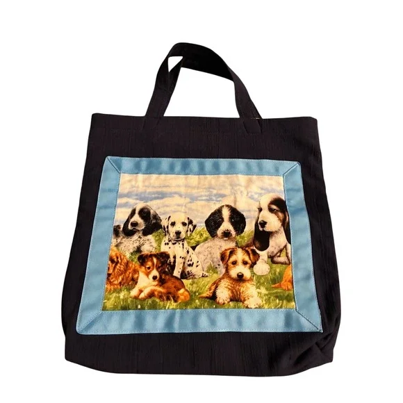 Handmade Navy Blue Canvas Puppy Dog Tote Bag Paw Print Applique Lined Book Bag