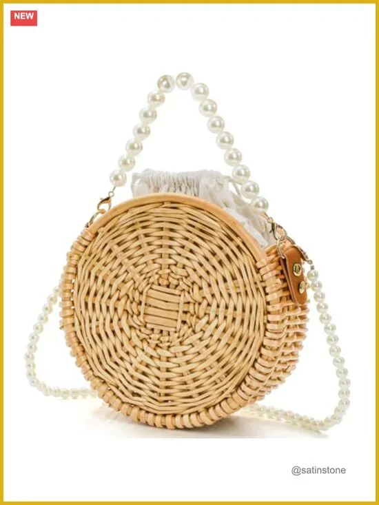 Round Rattan Bag Handwoven Wicker Basket Purse Pearl Strap Beach Straw Tote